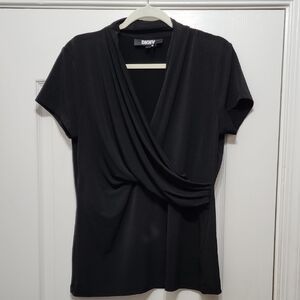 DKNY Women's Elegant Black Wrap Blouse L